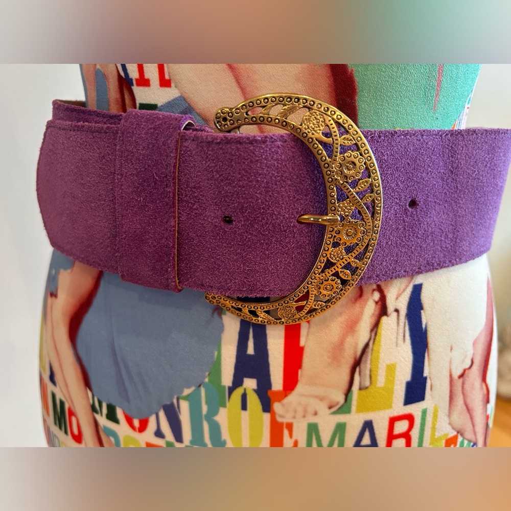 Vintage Vermillion Purple Leather Belt with Gold Buckle Canadian Made